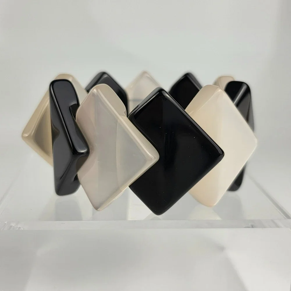 Vintage Giorgio Armani Geometric Resin Block Bracelet Logo w/Dustbag Black White